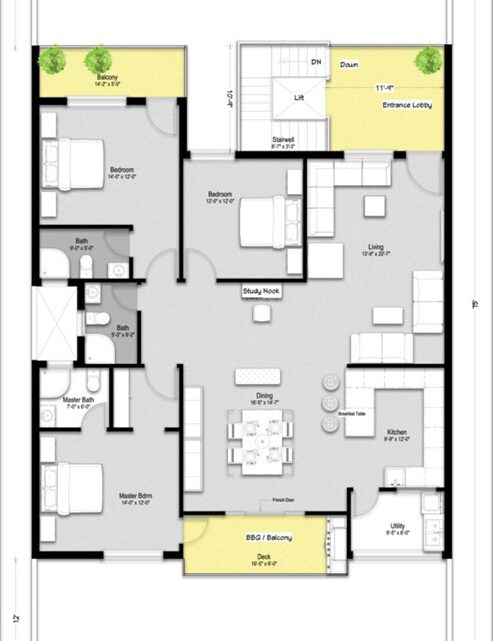 Apartment style three bedroom house design by Houzone