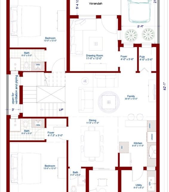 35'x62' House plan_4 bedroom duplex